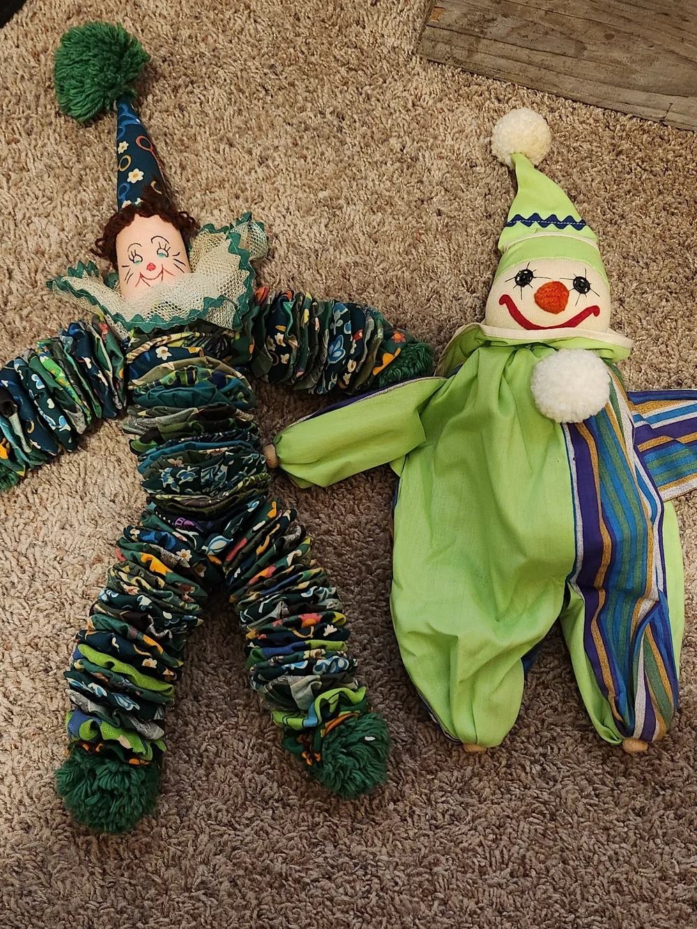 Antique Green and Multicolor Fabric Clown Pair - Decorative Home Accent